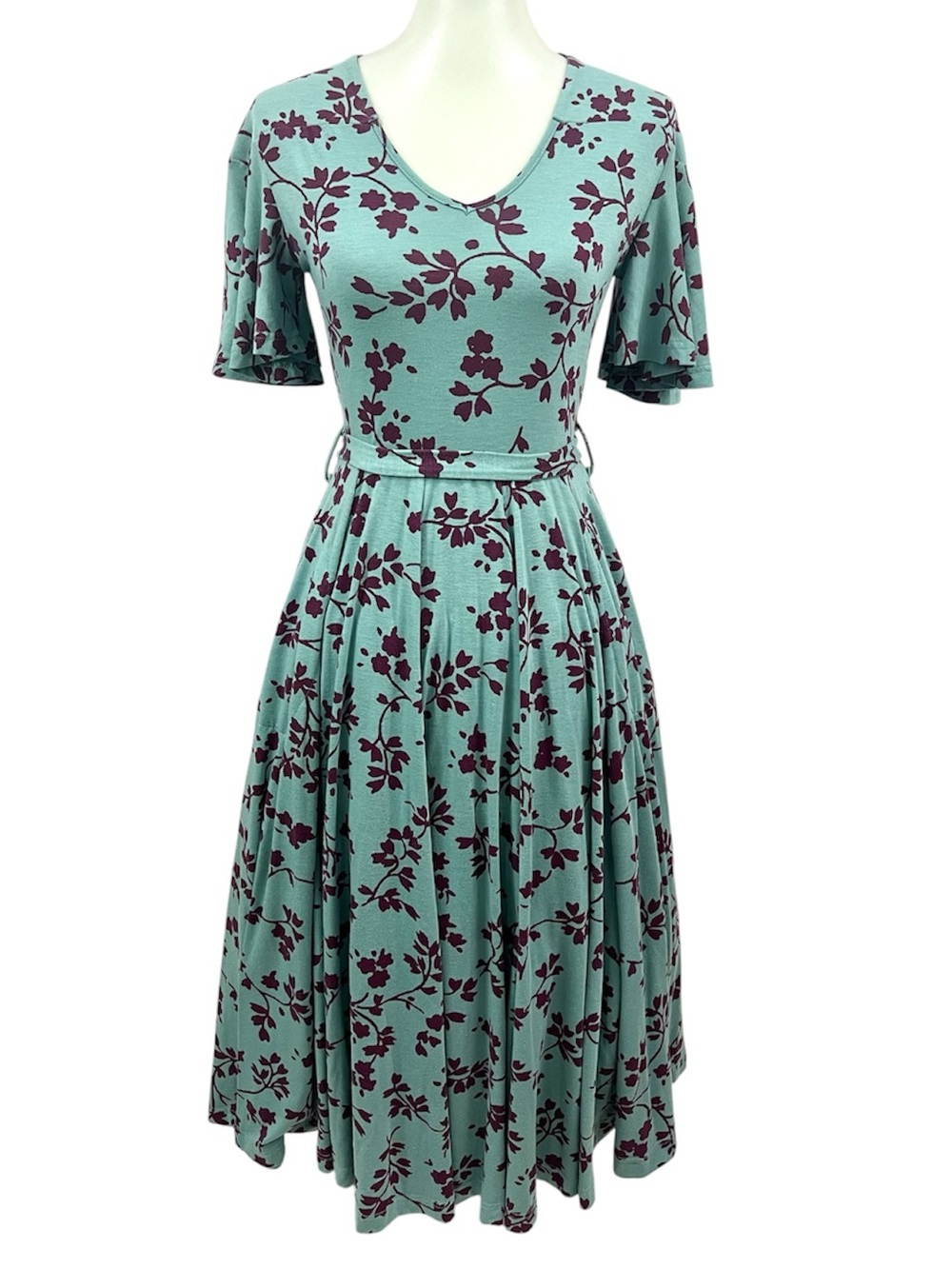Effie’s Heart Teal Floral Flutter Sleeve Circle Skirt Swing Midi Dress Pocket